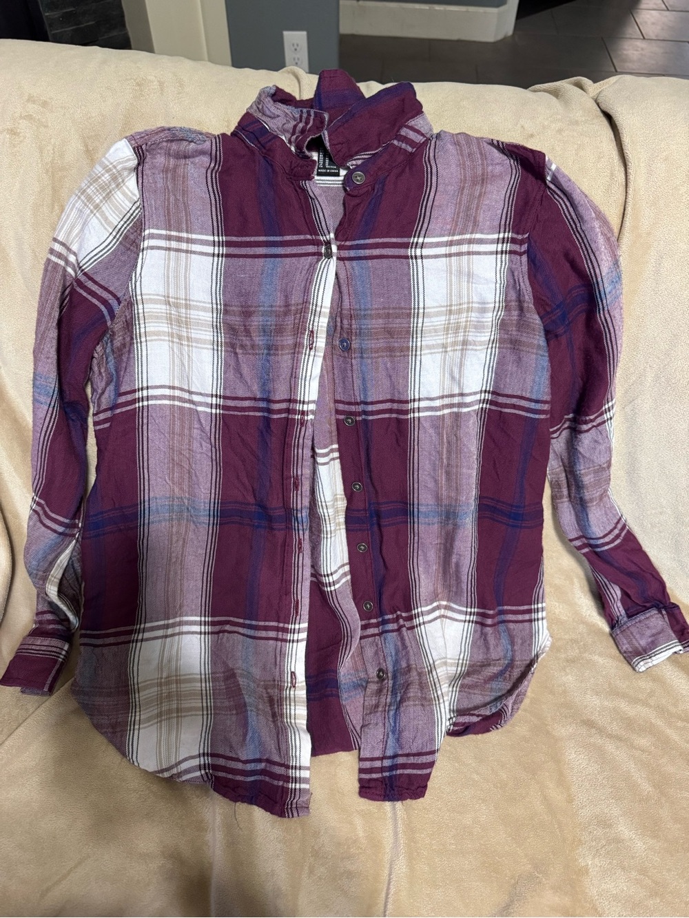 Forever 21 Burgundy, White and Blue Plaid Button-Down Top